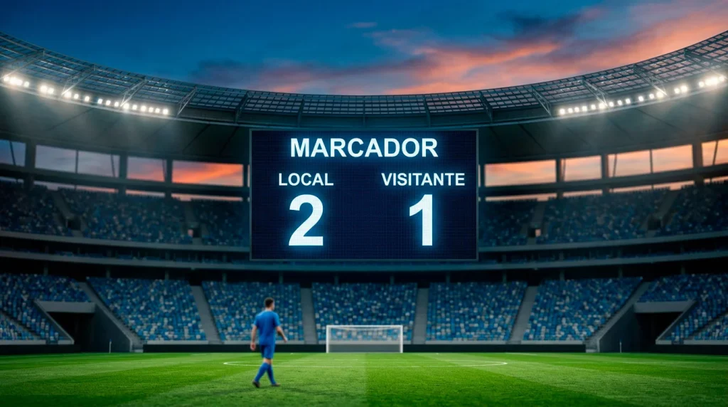 Marcador electronico de estadio de futbol mostrando un resultado con goles de ambos equipos en la Ligue 1