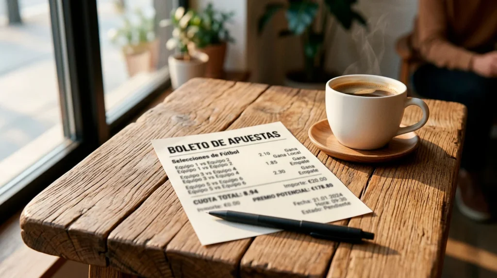 Boleto de apuestas deportivas con multiples selecciones de partidos de futbol de la Ligue 1 sobre una mesa