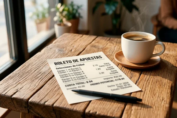 Boleto de apuestas deportivas con multiples selecciones de partidos de futbol de la Ligue 1 sobre una mesa