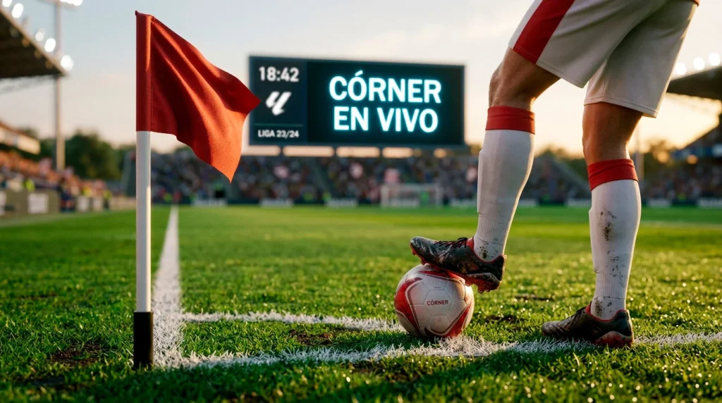 Banderola de corner en un campo de futbol de la Ligue 1 con un jugador preparando el saque de esquina