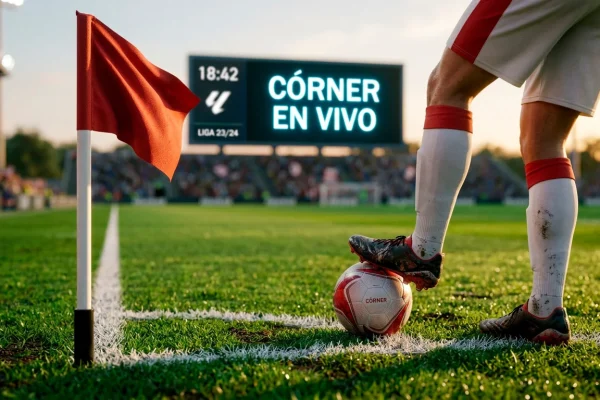 Banderola de corner en un campo de futbol de la Ligue 1 con un jugador preparando el saque de esquina