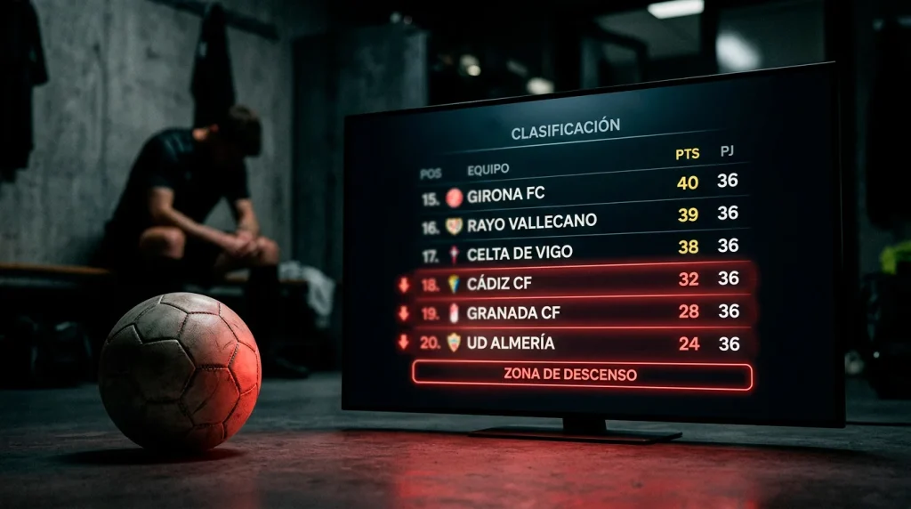 Zona baja de una tabla de clasificacion de futbol con flechas rojas de descenso junto a un balon de la Ligue 1