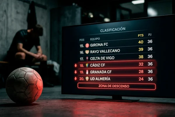 Zona baja de una tabla de clasificacion de futbol con flechas rojas de descenso junto a un balon de la Ligue 1