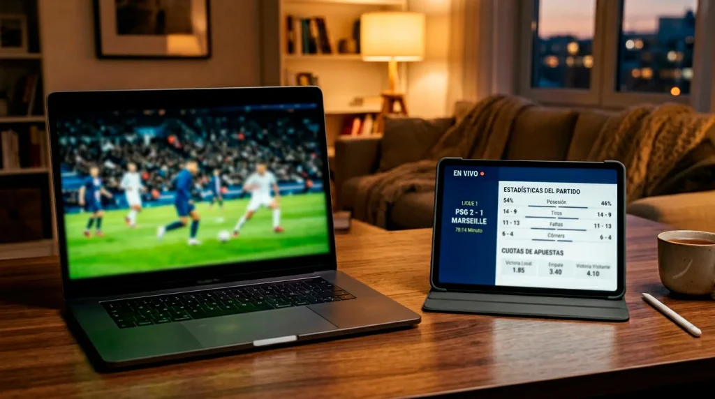 Pantalla de ordenador portatil mostrando un partido de futbol en directo junto a una tablet con cuotas de apuestas en vivo