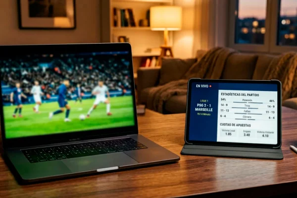 Pantalla de ordenador portatil mostrando un partido de futbol en directo junto a una tablet con cuotas de apuestas en vivo