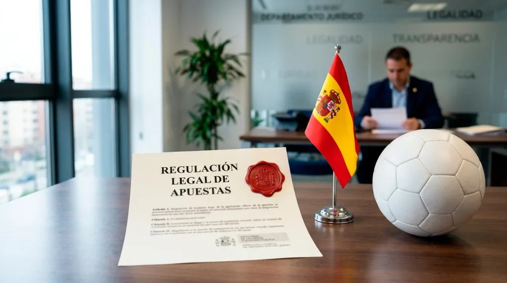 Escudo oficial de la DGOJ junto a un balon de futbol y la bandera de Espana sobre un escritorio de oficina