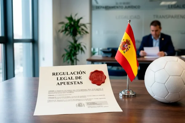 Escudo oficial de la DGOJ junto a un balon de futbol y la bandera de Espana sobre un escritorio de oficina