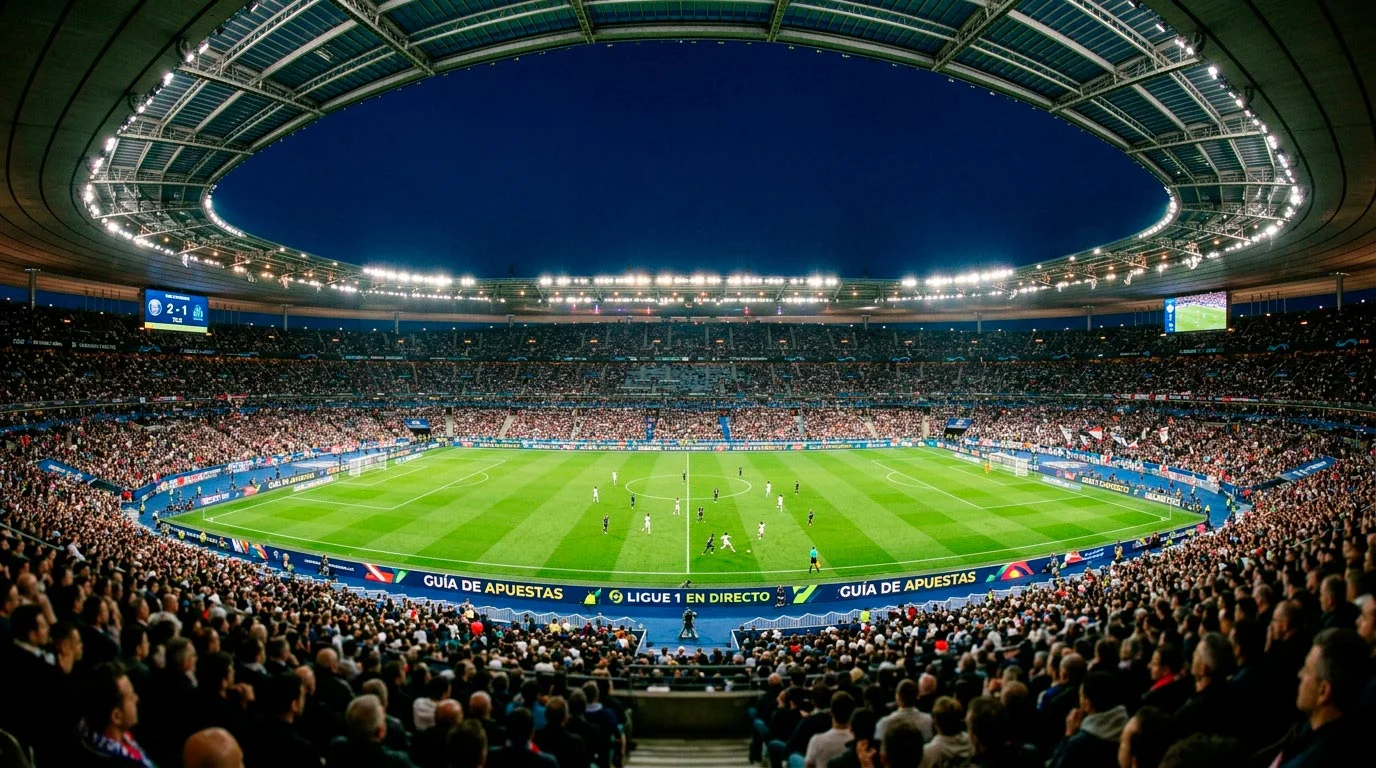 Panoramica de un estadio de futbol frances iluminado durante un partido nocturno de la Ligue 1