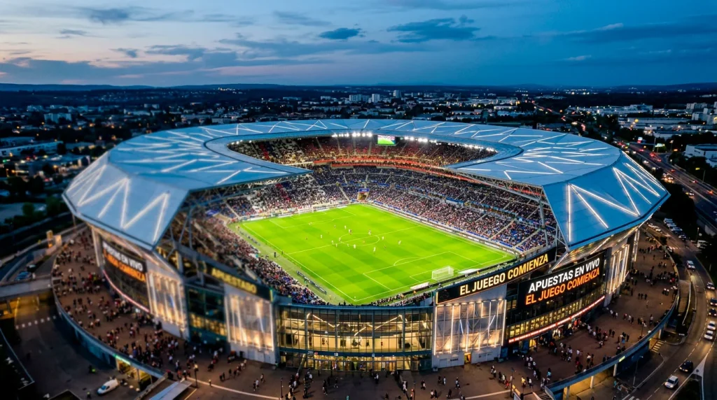 Vista del estadio Groupama del Olympique Lyonnais iluminado durante un partido nocturno de la Ligue 1