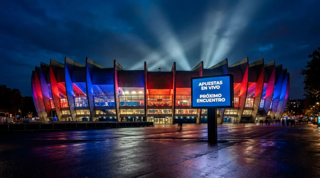 Estadio Parc des Princes de Paris iluminado de noche durante un partido de futbol de la Ligue 1