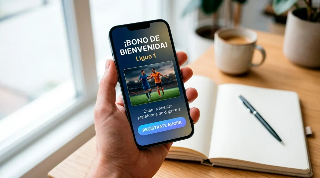 Mano de persona sujetando un telefono movil con una pantalla de registro en una casa de apuestas deportivas