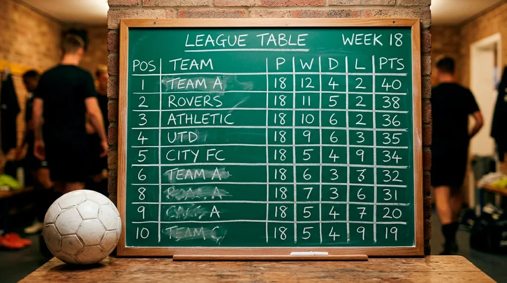 Tabla de clasificacion de futbol de la Ligue 1 en una pizarra junto a un balon de futbol profesional