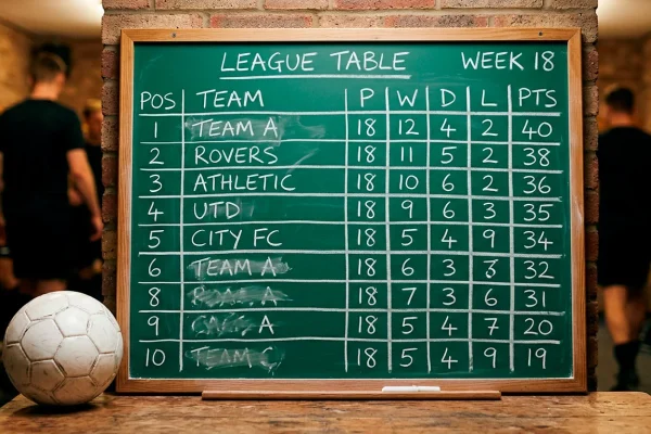 Tabla de clasificacion de futbol de la Ligue 1 en una pizarra junto a un balon de futbol profesional
