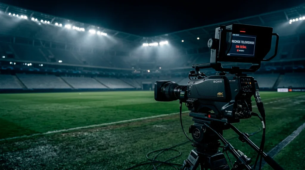 Camara de television profesional apuntando a un campo de futbol vacio en un estadio de la Ligue 1