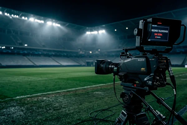 Camara de television profesional apuntando a un campo de futbol vacio en un estadio de la Ligue 1