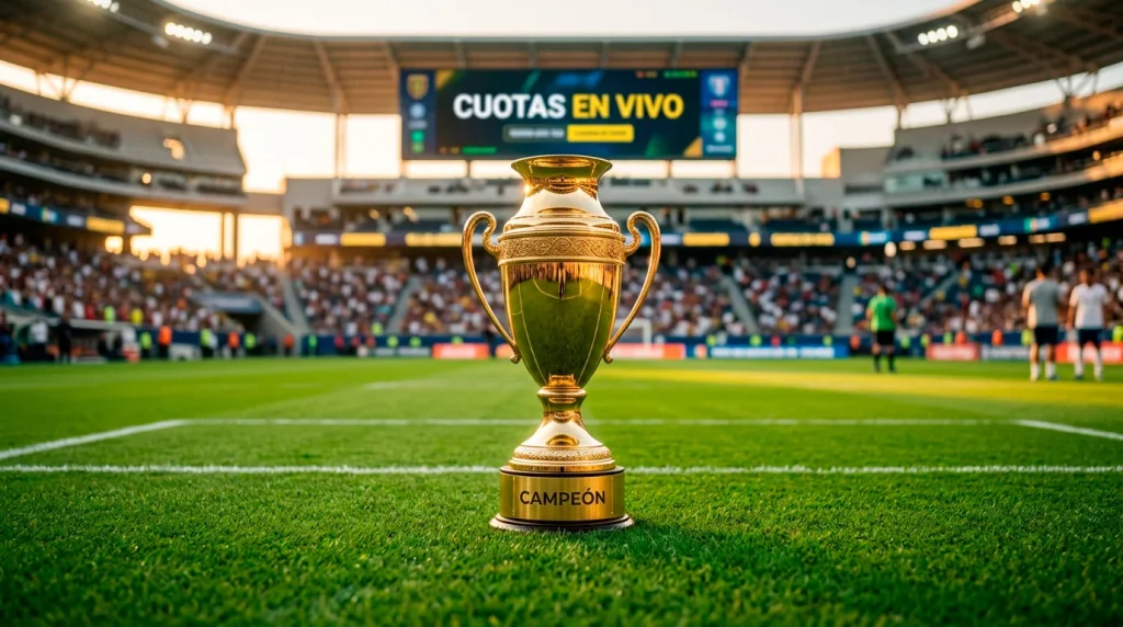 Trofeo dorado de campeon de la Ligue 1 sobre un cesped de estadio de futbol profesional