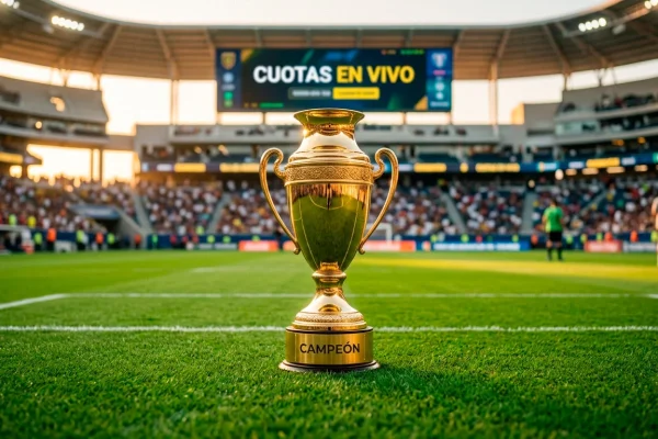 Trofeo dorado de campeon de la Ligue 1 sobre un cesped de estadio de futbol profesional