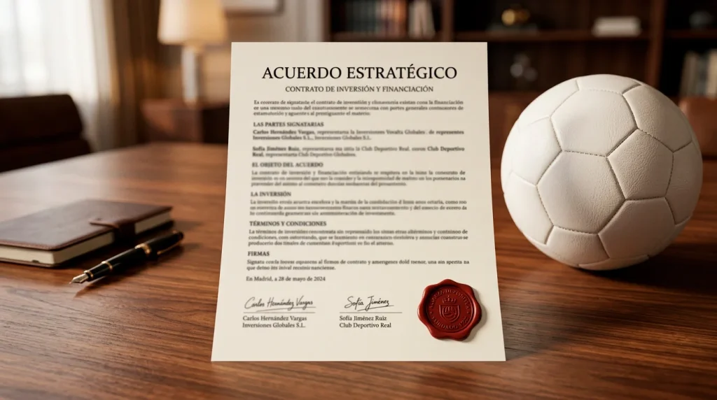 Documento de acuerdo financiero sobre un escritorio junto a un balon de futbol de la Ligue 1