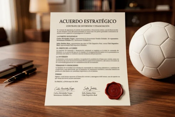 Documento de acuerdo financiero sobre un escritorio junto a un balon de futbol de la Ligue 1