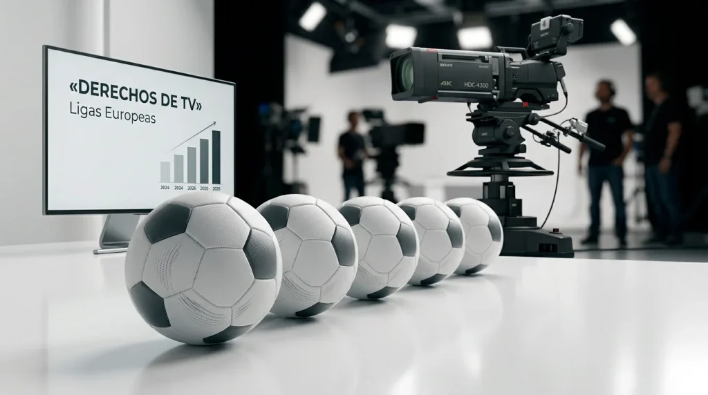 Cinco balones de futbol alineados representando las grandes ligas europeas junto a una camara de television