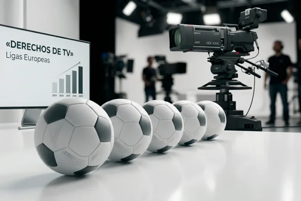 Cinco balones de futbol alineados representando las grandes ligas europeas junto a una camara de television