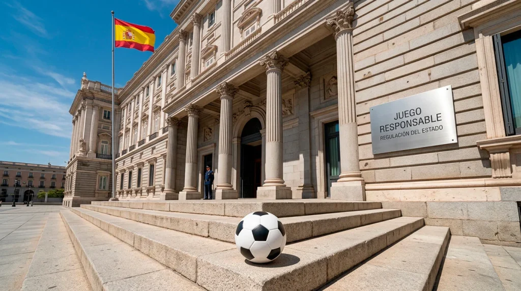 Edificio oficial del gobierno espanol con la bandera de Espana y un balon de futbol en primer plano