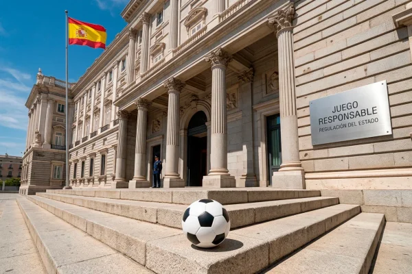Edificio oficial del gobierno espanol con la bandera de Espana y un balon de futbol en primer plano