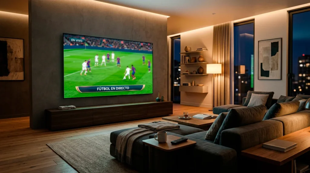 Salon de casa con television inteligente mostrando un partido de futbol de la Ligue 1 en directo