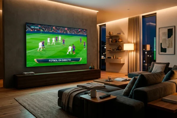 Salon de casa con television inteligente mostrando un partido de futbol de la Ligue 1 en directo