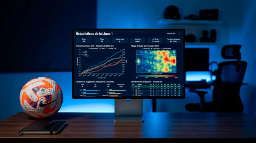 Pantalla de ordenador con graficos de estadisticas avanzadas de futbol xG junto a un balon de la Ligue 1