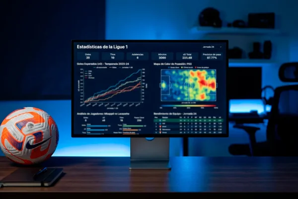 Pantalla de ordenador con graficos de estadisticas avanzadas de futbol xG junto a un balon de la Ligue 1