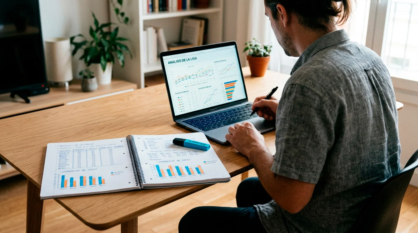 Persona analizando estadisticas de futbol en un cuaderno junto a una pantalla con datos de rendimiento de equipos de la Ligue 1