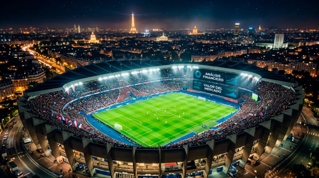 Vista aerea del estadio Parc des Princes de Paris lleno durante un partido nocturno de la Ligue 1