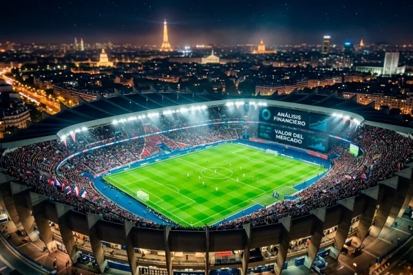 Vista aerea del estadio Parc des Princes de Paris lleno durante un partido nocturno de la Ligue 1