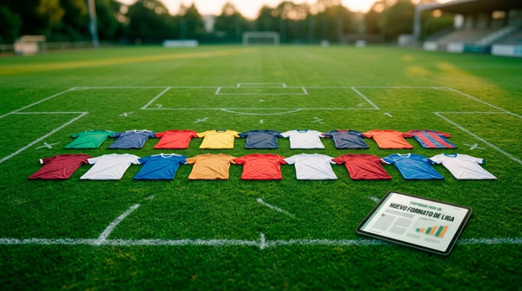 Campo de futbol profesional con marcaciones tacticas y 18 camisetas de equipos de la Ligue 1 dispuestas sobre el cesped