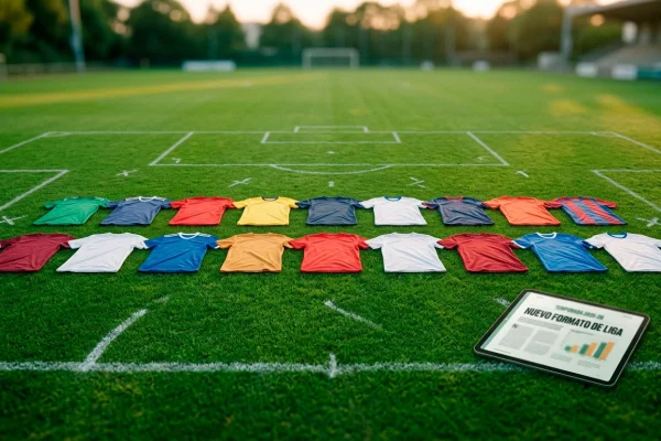 Campo de futbol profesional con marcaciones tacticas y 18 camisetas de equipos de la Ligue 1 dispuestas sobre el cesped