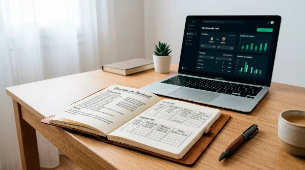 Cuaderno abierto con anotaciones de gestion de bankroll junto a un portatil con cuotas de futbol