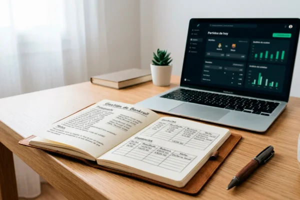 Cuaderno abierto con anotaciones de gestion de bankroll junto a un portatil con cuotas de futbol