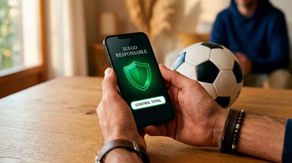 Manos de persona usando un telefono movil con icono de escudo de proteccion junto a un balon de futbol