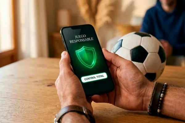 Manos de persona usando un telefono movil con icono de escudo de proteccion junto a un balon de futbol