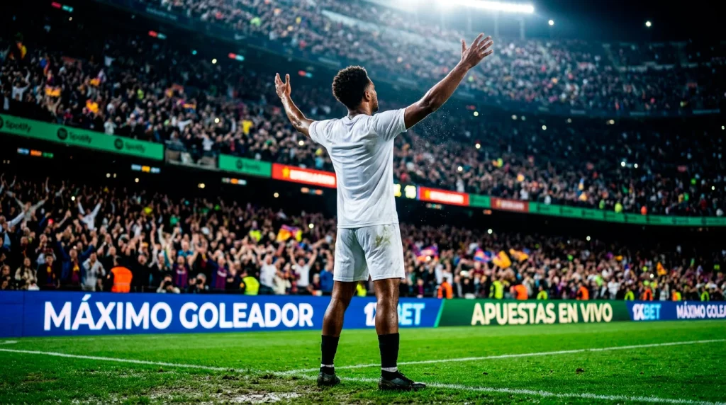 Delantero de futbol celebrando un gol en un estadio de la Ligue 1 con la porteria de fondo