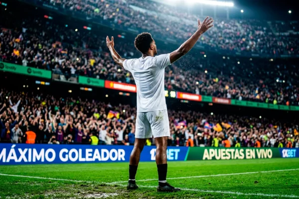 Delantero de futbol celebrando un gol en un estadio de la Ligue 1 con la porteria de fondo
