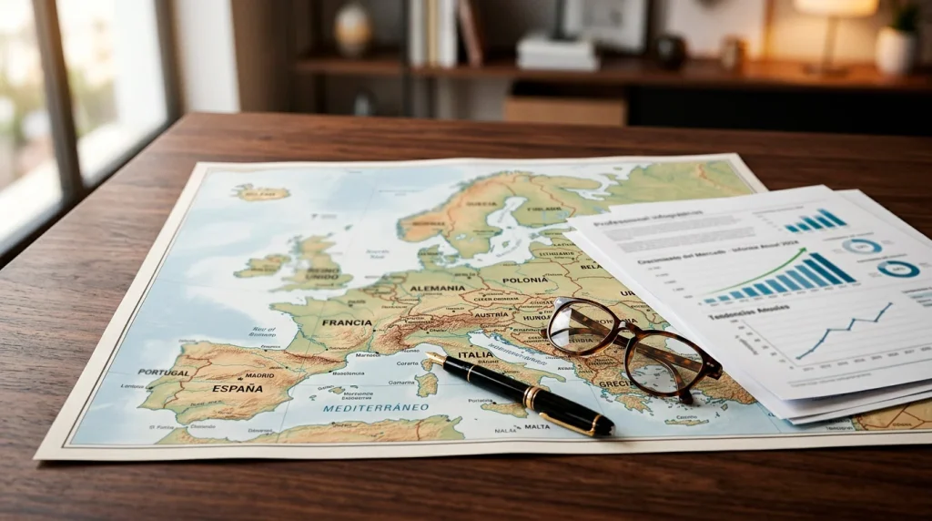 Mapa de Europa sobre una mesa de trabajo con graficos de crecimiento del mercado de apuestas deportivas