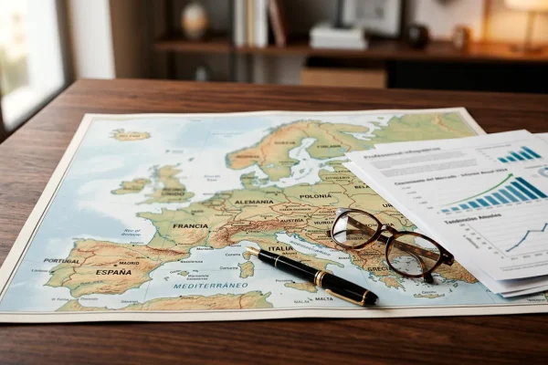 Mapa de Europa sobre una mesa de trabajo con graficos de crecimiento del mercado de apuestas deportivas