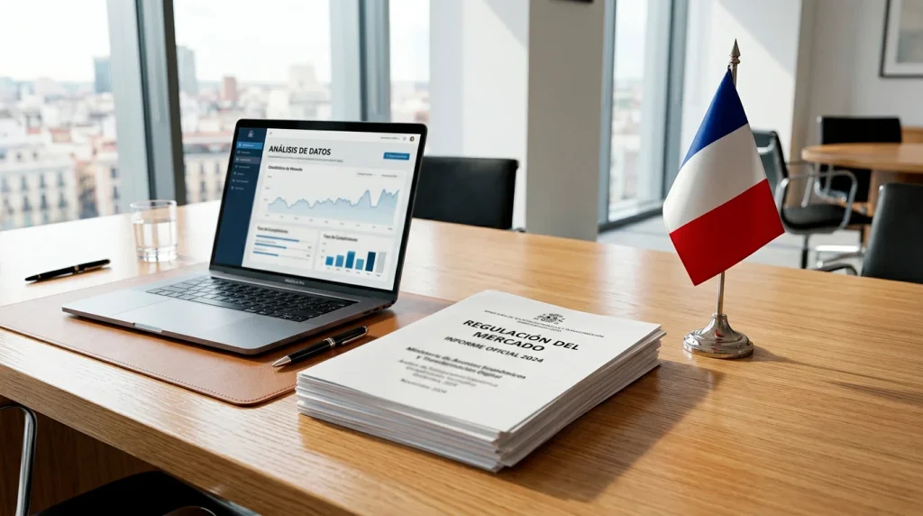 Bandera de Francia sobre un escritorio con documentos oficiales de regulacion del juego online