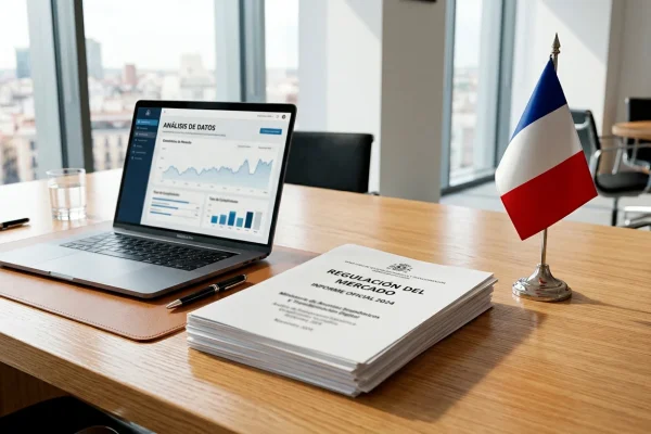Bandera de Francia sobre un escritorio con documentos oficiales de regulacion del juego online