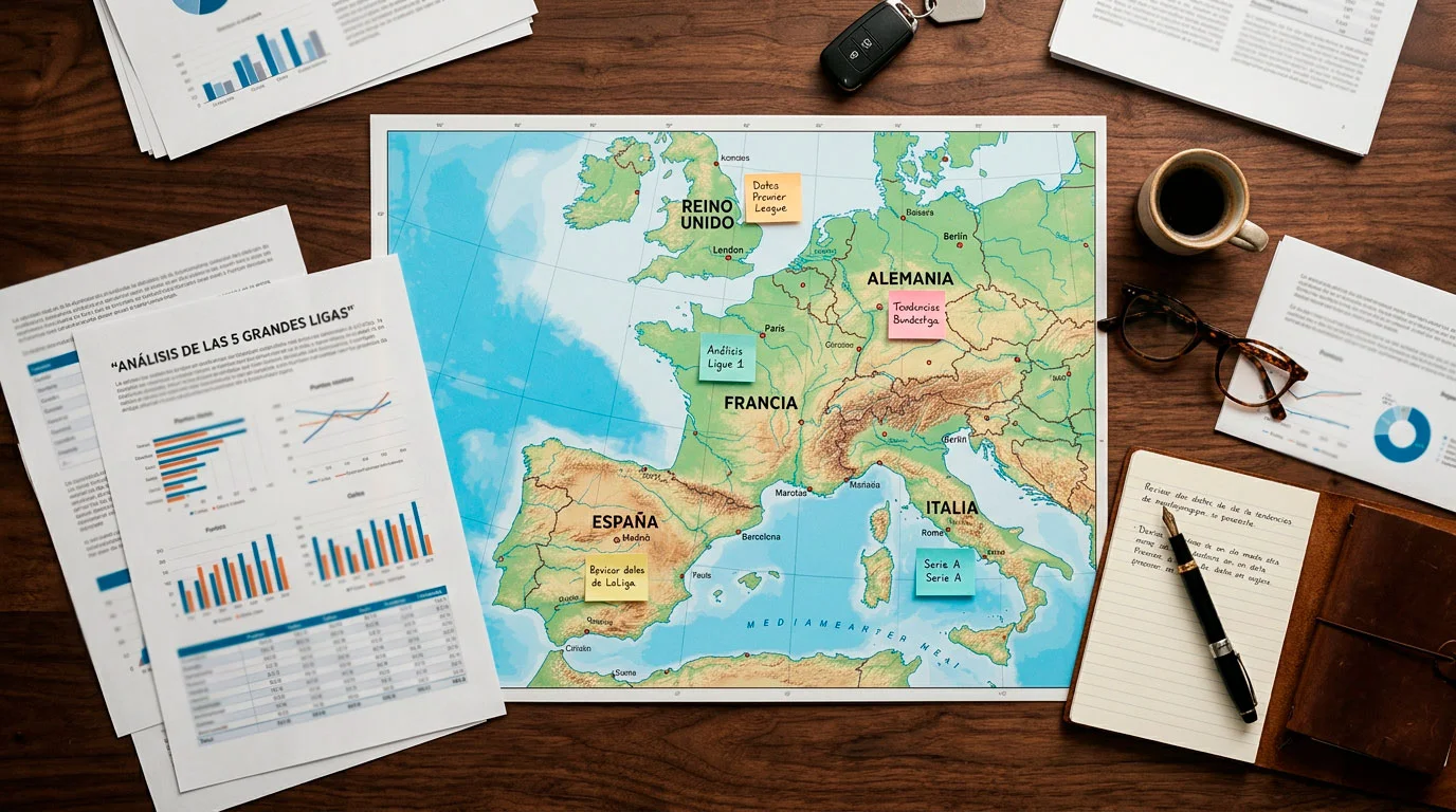 Mapa de Europa sobre una mesa con documentos y graficos simples que representan el mercado de apuestas deportivas en las cinco grandes ligas