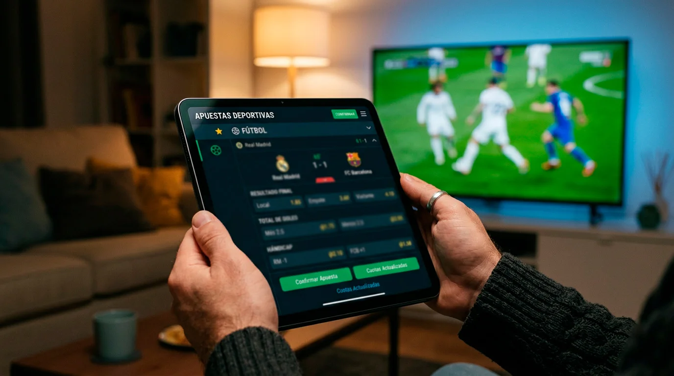 Primer plano de un analista revisando diferentes mercados de apuestas de futbol en una tablet con graficos de cuotas
