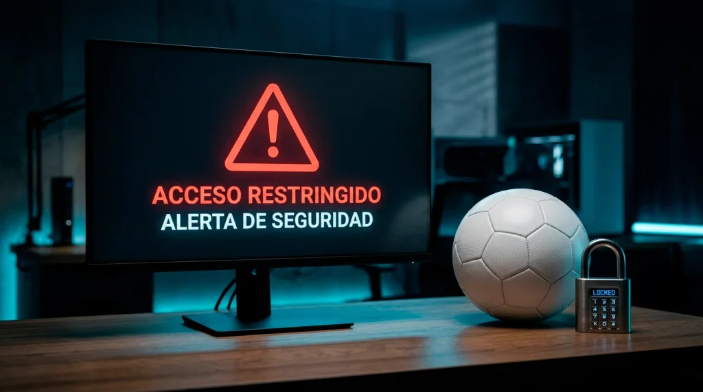 Pantalla de ordenador con senal de alerta junto a un balon de futbol y un candado de seguridad digital