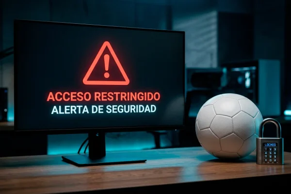 Pantalla de ordenador con senal de alerta junto a un balon de futbol y un candado de seguridad digital